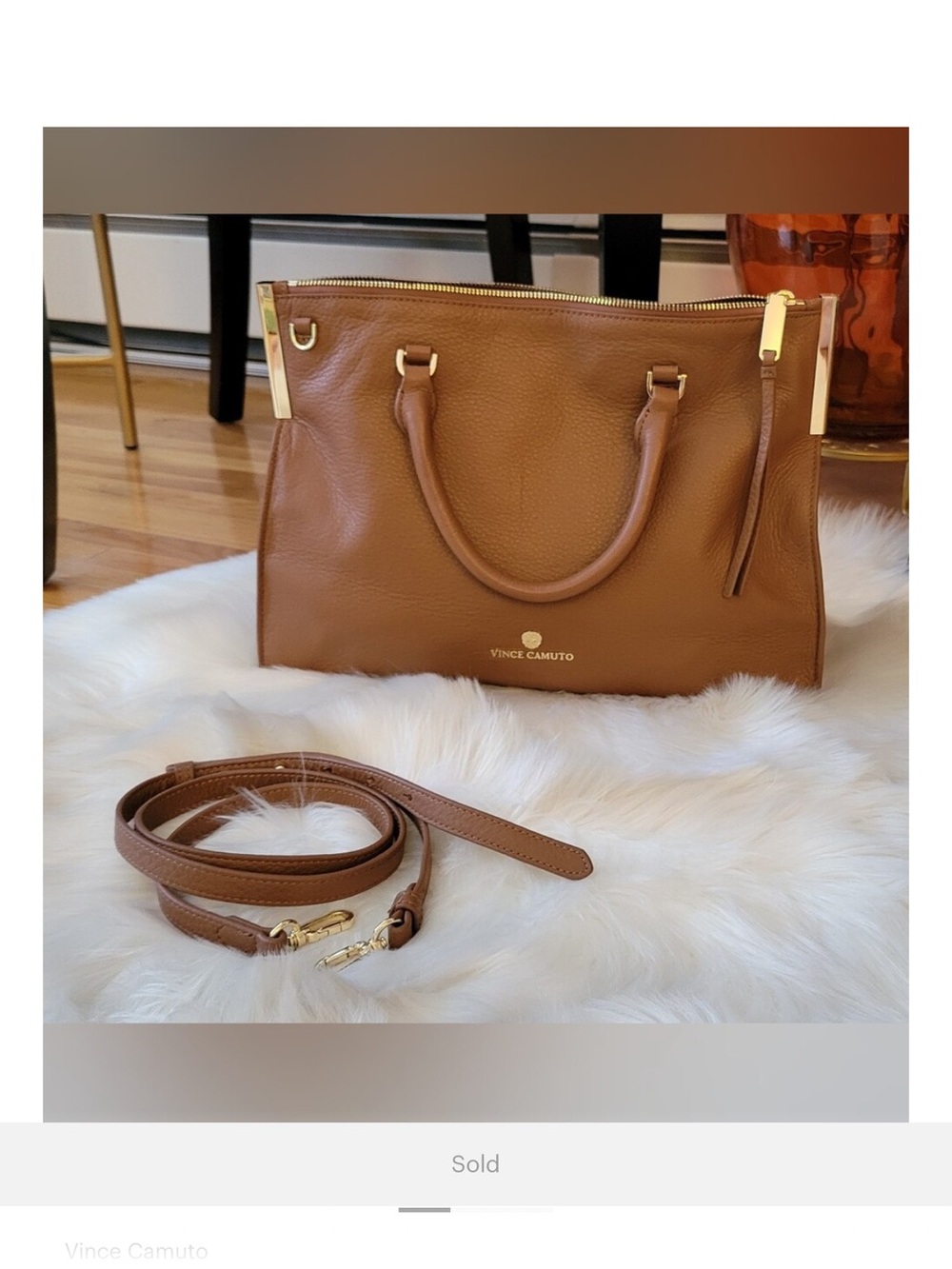 Vince Camuto Cognac Leather Top-Handle Satchel with Gold Hardware